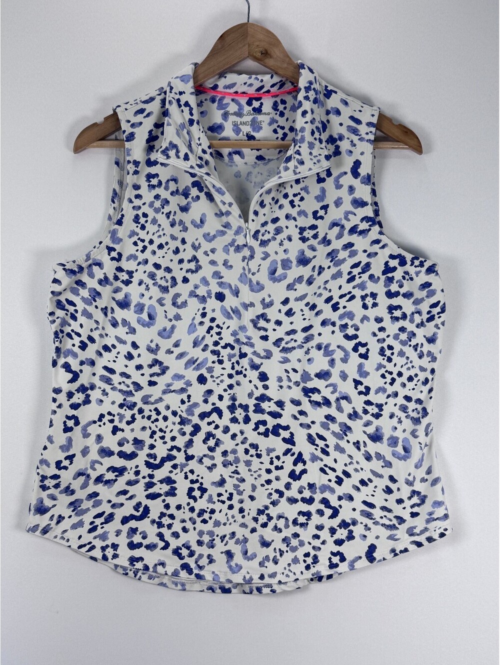 Tommy Bahama IslandZone Top Womens Large Blue Leopard Sleeveless Polo Zip - Picture 1 of 8